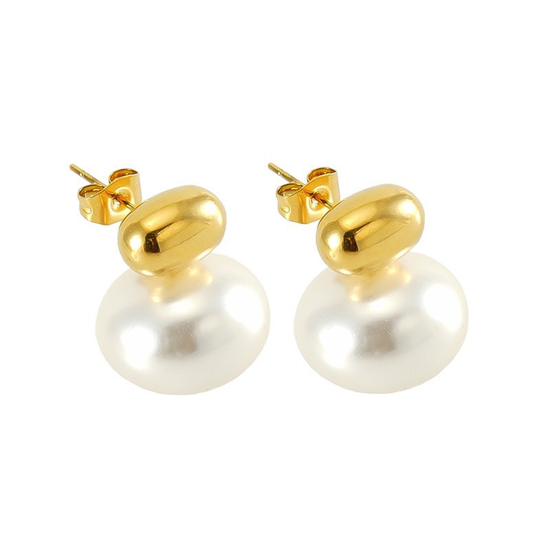 1 pair luxurious retro style solid color stainless steel  gold plated inlay artificial pearl women's stud earrings 